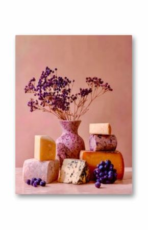 Elegant Cheese and Floral Arrangement on Soft Pastel Background