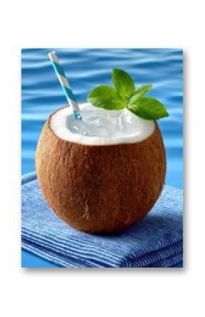 Refreshing Coconut Water in Young Coconut with Straw and Mint