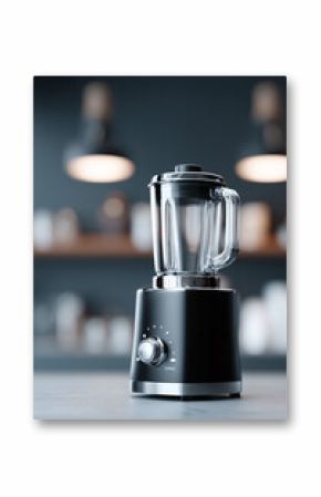 Sleek blender on a kitchen counter. Modern design, black and silver accents. Represents healthy eating, home appliances, or a modern lifestyle. Editorial or commercial use.