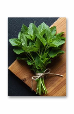 Fresh Lemon Balm Bunch on Wood Cutting Board