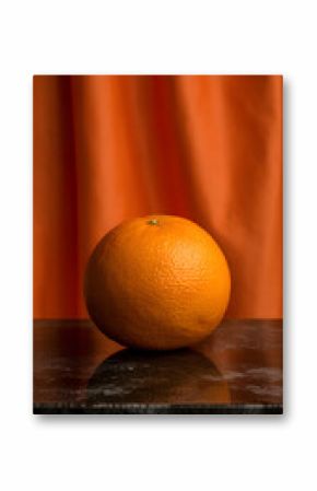 Single orange fruit on a marble surface with a simple orange fabric backdrop scene