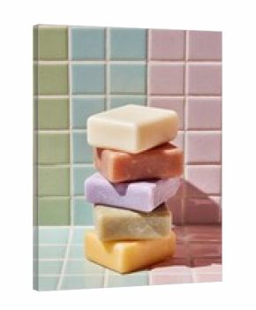 Stacked soaps on colorful tile