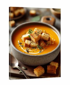 A bowl of pumpkin soup topped with croutons and parsley on a wooden board