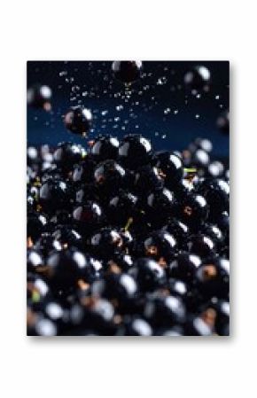 Dramatic closeup showcasing glistening blackcurrants with water droplets in mid-air
