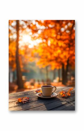 Cozy autumn morning with a cup of coffee amidst colorful fall foliage