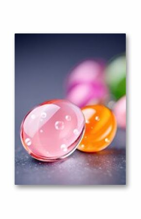 Close-up of Colorful Glass Spheres with Water Droplets on Dark Background
