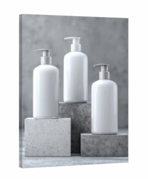 Three white pump bottles on textured gray stone cubes