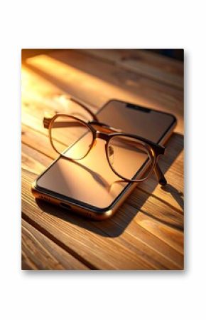 A smartphone rests on a wooden surface, with eyeglasses positioned beside it, bathed in warm sunlight.