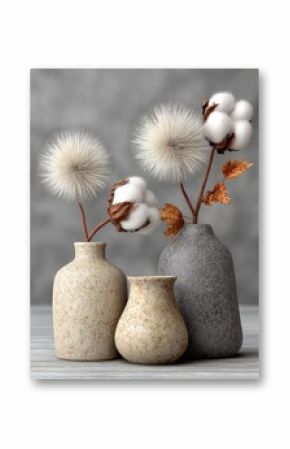 Three muted-toned ceramic vases with dried cotton blossoms