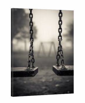Empty playground swings on a foggy day (1)