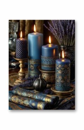 Blue candles, lavender, ornate decor
