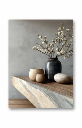 Minimalist Still Life with Elegant Vase and Stone Pots on Rustic Wooden Table