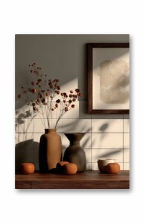 Elegant Still Life with Clay Vases and Dried Botanical Arrangement in Warm Neutral Tones