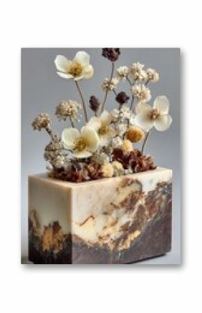 Rectangular stone vase filled with dried flowers