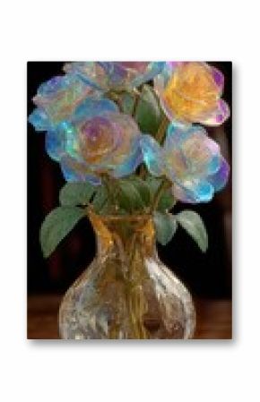 Irridescent roses in a gold vase