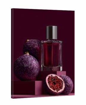 Elegant perfume bottle displayed among purple passion fruit slices on geometric pedestals for advertisement.