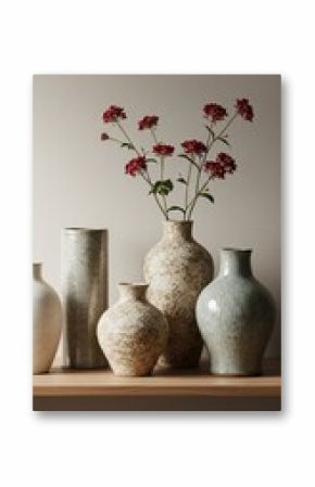 Ceramic Vases with Red Flowers on Wooden Shelf, Neutral Tones, Textured Surfaces, and Soft Lighting