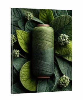 Spool of green thread amidst leaves
