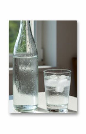 A clear glass with ice water and an empty bottle sit on a white table, illuminated by bright natural sunlight through a window.