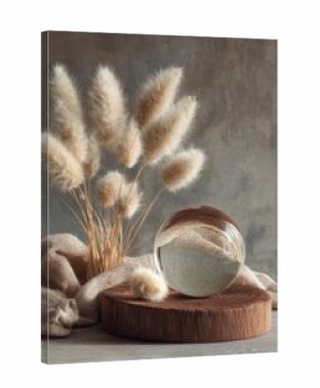 Beige pampas grass, glass orb, wooden slab