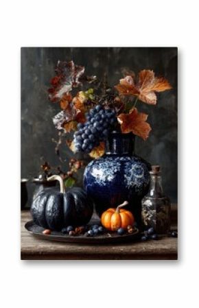 Autumn Still Life with Pumpkins and Dark Flowers