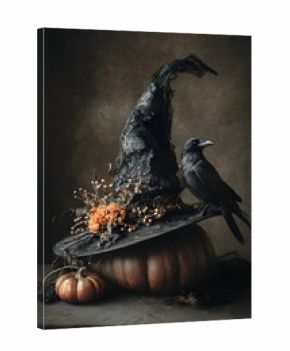 Darkly-lit Halloween still life shows witch hat, raven, pumpkins. Moody shot suits posters, holiday branding, and social media.