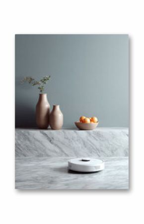 Clean, modern interior featuring a robotic vacuum on a marble floor. Home automation meets minimalist design, suggesting efficiency and contemporary lifestyle.