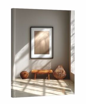 Empty room, warm tones, art, bench, shadows