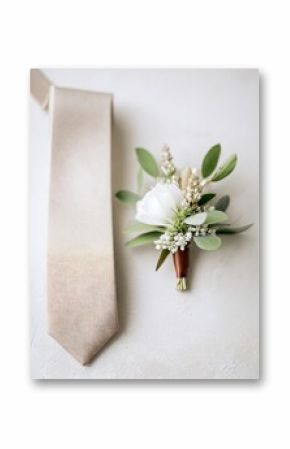 A beige tie and a boutonniere with white flowers and green leaves are placed on a light gray surface. 