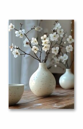 Still life of white flowers in speckled vases on a wooden surface with a white cup nearby