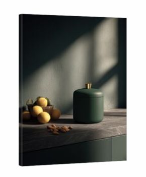 Modern kitchen counter with green canister, lemons, and almonds in sunlight