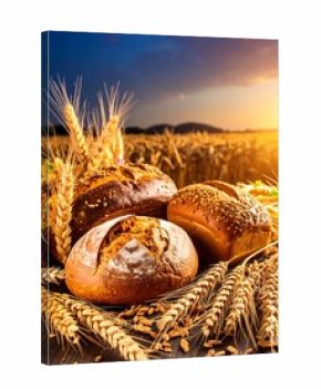 Fresh loaves of bread in a golden wheat field at sunset