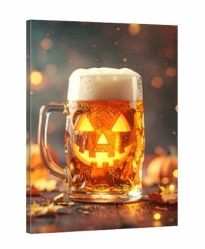 A festive glass of beer, shaped like a jack-o'-lantern, glows warmly against a backdrop of autumnal ambiance.