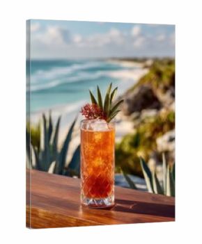 Refreshing tropical cocktail with garnish on wooden surface overlooking a beach