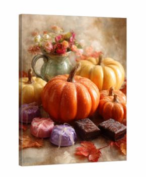 Jesienna martwa natura z dyniami, czekoladkami i mydełkami. Kompozycja utrzymana jest w ciepłych barwach, tło ma lekko postarzany efekt.