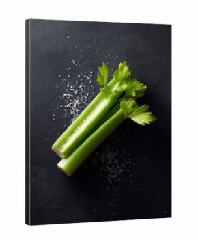 Crisp celery stalks with sea salt against a dark backdrop. Fresh, vibrant,  minimalist food photography, ideal for health, diet, recipes, and wellness concepts.