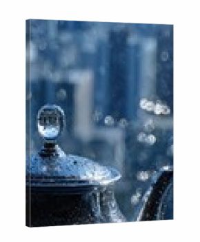 A metallic teapot, glistening with water droplets, sits before a blurred cityscape on a rainy day