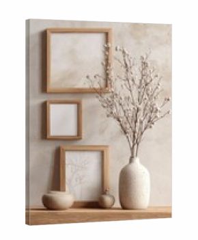 Minimalist wall decor and vase arrangement on a wooden shelf
