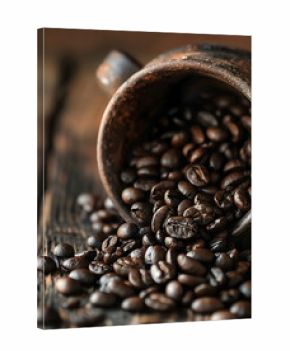 Dark Roasted Coffee Beans Spill from Rustic Cup on Wood