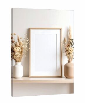 Empty frame flanked by dried flower arrangements in cream/beige vases on light shelf