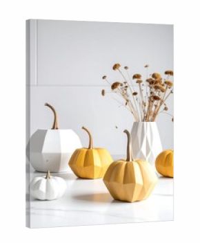 Geometric pumpkins in white and mustard yellow,  with dried flowers in a vase, on a marble surface