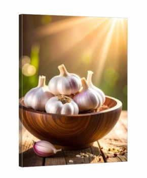 Fresh garlic heads in wooden bowl