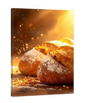 Freshly baked loaves of artisan bread bathed in golden sunlight