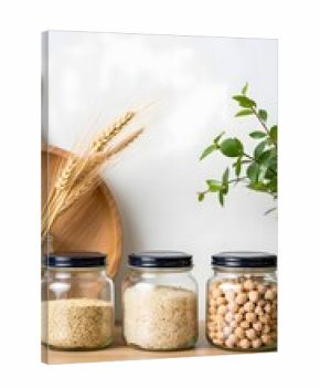 Jars of grains and legumes on wooden surface with plant and wheat decor ninety char