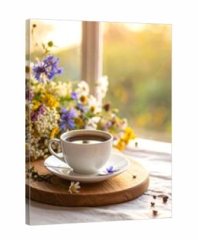 Morning coffee with wildflowers by a window