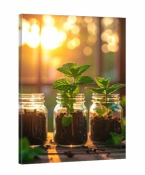 Three Mint Plants in Jars on Wooden Table Bathed in Golden Sunlight