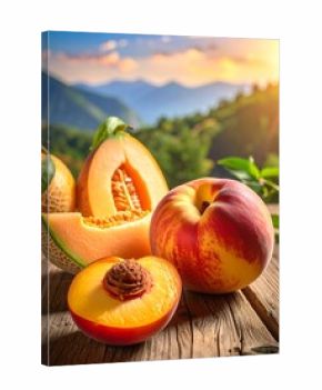 Juicy peaches and cantaloupe slices sit on a rustic wooden surface, with a scenic mountain backdrop bathed in warm sunset light