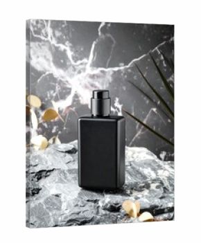 Black perfume bottle on grey stone