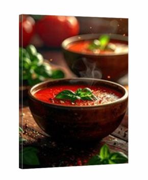 Tomato Soup Bowls with Fresh Basil and Wooden Surface Close Up