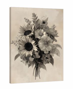 Vintage sepia-toned photograph of a sunflower bouquet still life
